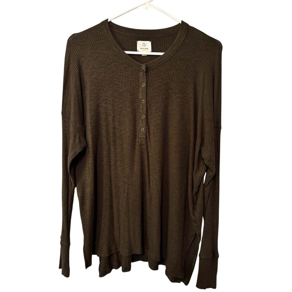 Offline by Aerie Olive Green Ribbed Oversized Henley Drop Shoulder Tee XS